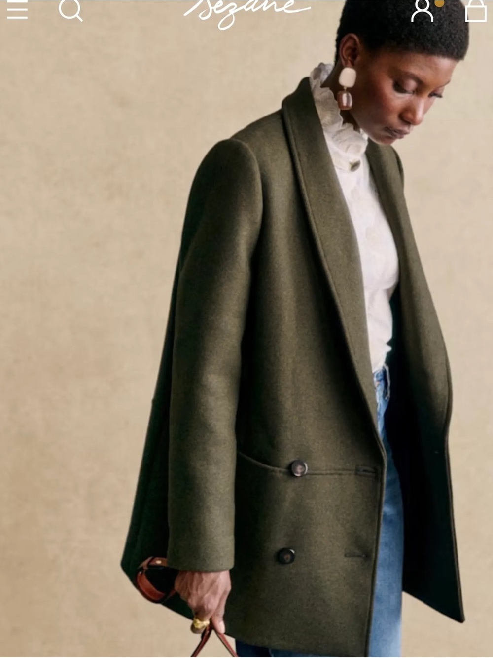 Sezane James Dark Olive Double-Breasted Wool Coat /FR 34 (US 2)
